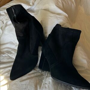 Blonde Black Suede Pointed Toe Block Heel Ankle Boots